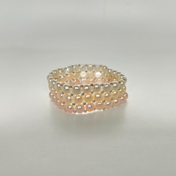 Three‎ Strand Freshwater Multi-Color Button Pearl Stretch Bracelet w/ Sterling - Picture 2 of 10